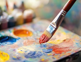 Fototapeta premium Artist's palette with brush. Colorful paint, various shades and hues. Close up of a paintbrush dipped in red paint, ready for application. Artwork preparation