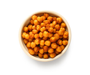 Bowl with tasty fried chickpeas on white background