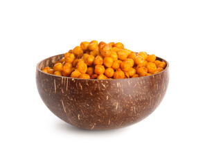 Bowl with tasty fried chickpeas on white background