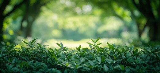 Naklejka premium Lush Green Tea Leaves in a Vibrant Garden Under Soft Natural Light with Blurred Background and Fresh Leafy Foliage in a Serene Outdoor Setting