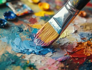 Obraz premium Colorful paint brushstrokes on a palette. A close-up view of vibrant hues, blending colors, and artistic expression