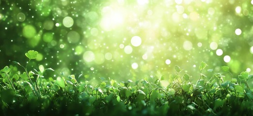 Fototapeta premium Lush Greenery with Soft Sunlight and Sparkling Bokeh Effect Creating a Serene and Fresh Outdoor Atmosphere in Nature’s Beautiful Landscape