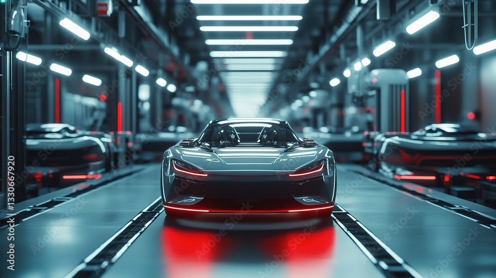 Poster futuristic ai-driven car on robotic assembly line in factory setting