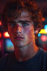Young man with striking blue eyes and tousled hair in a dim arcade setting during the evening hours