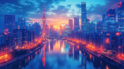 Obraz premium Shanghai Skyline at Dusk: A Breathtaking Panorama of City Lights and River Reflections