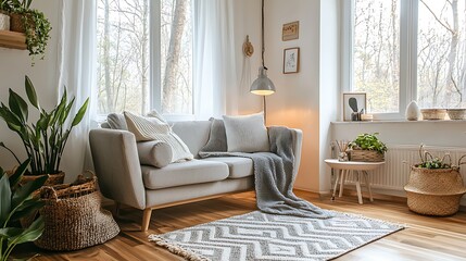 Cozy living room with natural elements.  A light and airy space featuring a comfortable sofa, natural light, and various plant arrangements.  