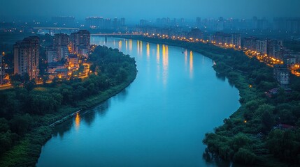 Naklejka premium Nightfall over the City River