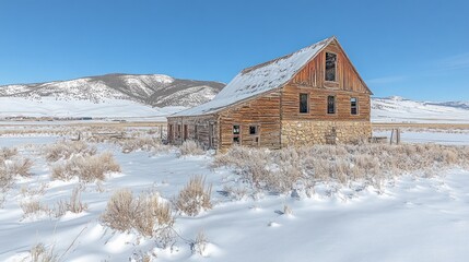 Solitary Winter Barn in the Snowy Mountains