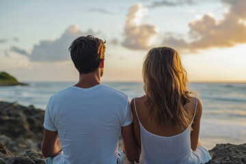 A couple sits with their backs to the viewer, gazing out at the ocean at sunset, captured in soft, golden light.