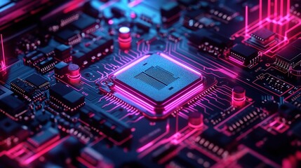 Obraz premium Glowing Circuit Board with CPU Connections and Neon Lights