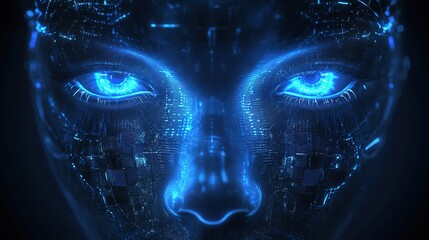 Intricate Cybernetic Humanoid Face with Glowing Blue Eyes