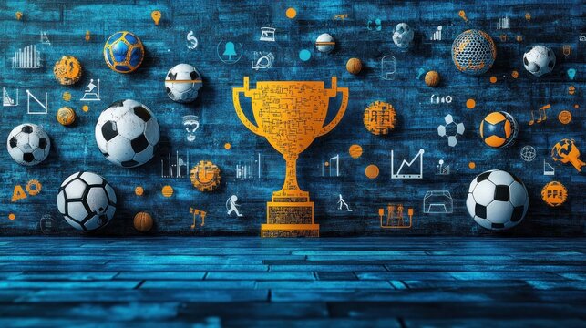 Soccer trophy award concept on a blue wall background