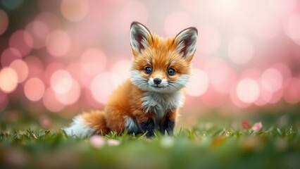 Cute red fox kit sitting in green grass