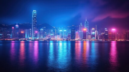 Fototapeta premium Neon Hong Kong Skyline at Night: Vibrant Cityscape Reflection