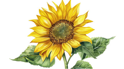Obraz premium Watercolor sunflower blooming with green leaves on transparent background