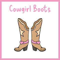 A single brown cowgirl boot with a classic western design, featuring a pull strap with a gold accent. The illustration is framed in pink, Vector illustration