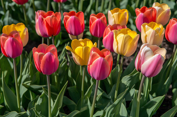 Fototapeta premium A Stunning Close-Up of Colorful Tulips in the Sun, Surrounded by Lush Green Grass and Vibrant Spring Colors on a Bright and Sunny Day for a Refreshing Floral Scene