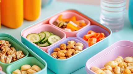 A close-up of a healthy school lunchbox featuring a variety of nutritious snacks like nuts, yogurt, and sliced cucumbers, placed on a pastel-colored table with a water bottle. 