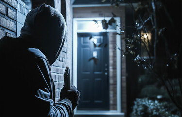 Fototapeta premium Intruder holding weapon near house in nighttime setting