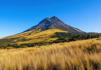 Naklejka premium Majestic Landscape of a Volcanic Mountain Surrounded by Lush Greenery and Golden Grass Under Clear Blue Sky in Vibrant Nature Scene