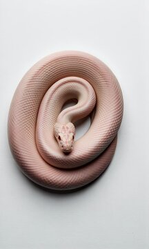 Pastel Albino Python Closeup: Coiled Pink Snake on White Background