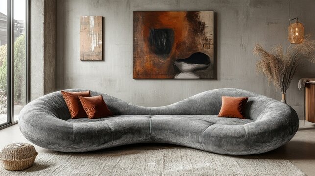 Organic-shaped grey sofa with burnt orange cushions in a modern living room