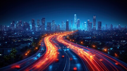 Fototapeta premium Night City Highway: A Stunning View of Los Angeles Skyline at Night