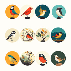 Colorful Bird Icons Set, Various Songbirds, Birdwatching Concept Art