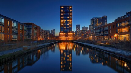 Night cityscape reflection in canal, modern architecture, urban canal at dusk