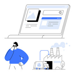 Person thinking while researching recycling factory operations on laptop. Ideal for sustainability, environment, recycling, research, eco-friendly solutions, innovation, digital learning, flat simple