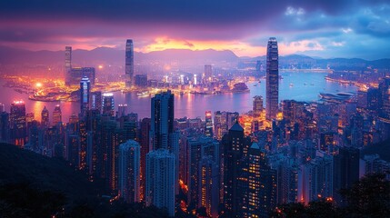 Fototapeta premium Vibrant Hong Kong Skyline at Dusk: A Panoramic View from the Peak
