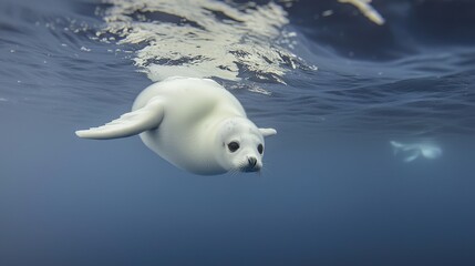 Naklejka premium Graceful Harp Seal Pup Swimming in Icy Arctic Waters