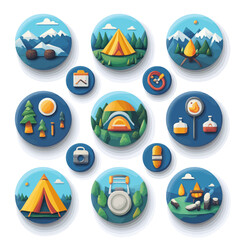 Camping Trip Elements: Tent, Mountains, Backpack, Campfire Icons