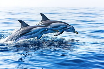 Fototapeta premium Playful Spinner Dolphins Performing Acrobatic Jumps in Open Ocean