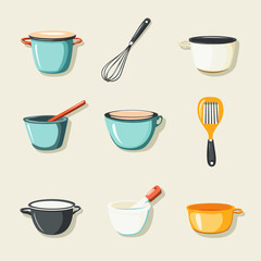 Colorful cartoon kitchenware collection of pots, bowls, and utensils