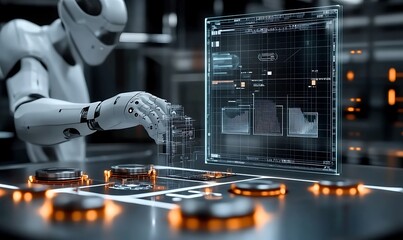 Futuristic AI powered robotic manufacturing process with a sleek grid based digital interface for monitoring and controlling the complex industrial machinery The scene showcases the advanced,

