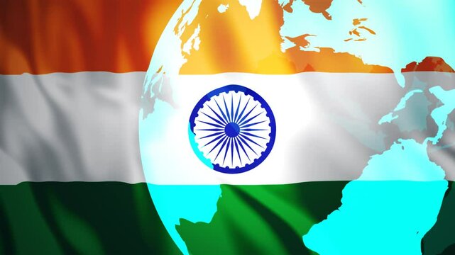Waving flag of India with globe rotating, international politics concept