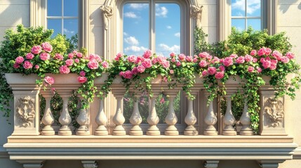 Fototapeta premium Ornate balcony overflowing with pink climbing roses, sunny day