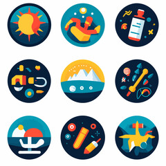 Collection of icon symbols, sun, yoga, ice cream, and other colorful icons