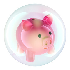 Piggy bank inside soap bubble. Financial bubble concept. 3D rendering isolated on transparent background