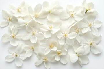 Obraz premium White jasmine flowers on white background. Flat lay, top view. Elegant White Orchids on Light Background, Soft Floral Arrangement, Perfect for Wedding Invitations and Beauty Themes