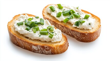 Toasted Bread with Cream Cheese and Green Onions on White Background
