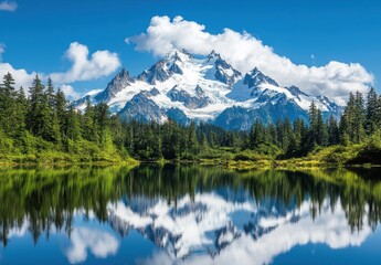 Fototapeta premium Majestic Mountain Landscape with Lush Green Forest and Crystal Clear Reflection in Serene Lake Under Bright Blue Sky with Fluffy White Clouds