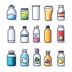 Collection of Illustrated Medicine and Vitamin Bottles on White Background