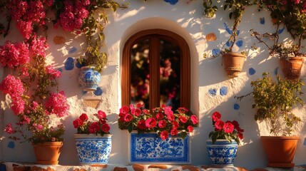 Ornate facade with vibrant flowers and pottery