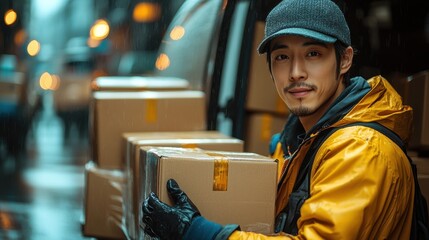 A young Asian man in a yellow raincoat stands beside a delivery van, holding a cardboard box. The urban street is wet from rain.