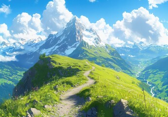 Fototapeta premium Majestic Mountain Landscape with Lush Green Hills, Serene Pathway, and Dramatic Clouds Above in a Bright Blue Sky