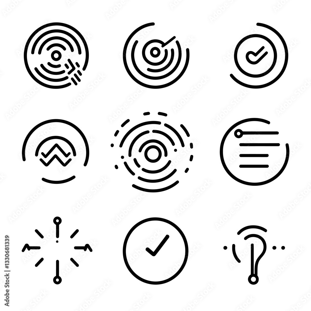 Poster set of line icons representing various data processing and analytical concepts
