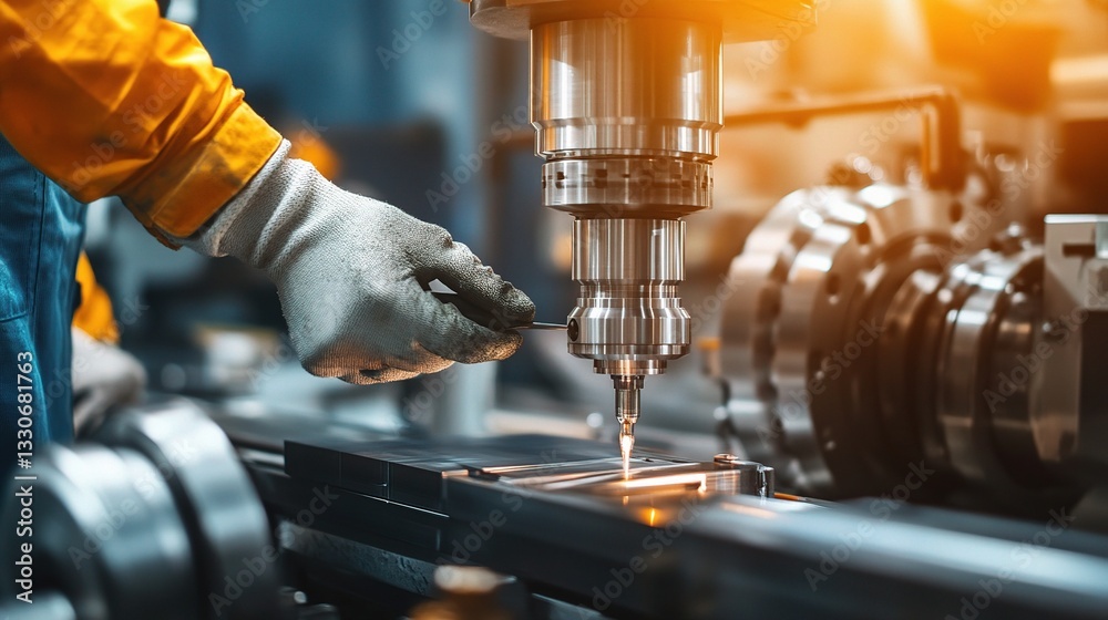 Poster high-tech cnc machine operating on factory floor with workers