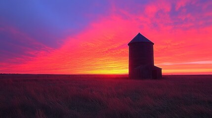 Fototapeta premium Vibrant Sunset over Prairie Silo